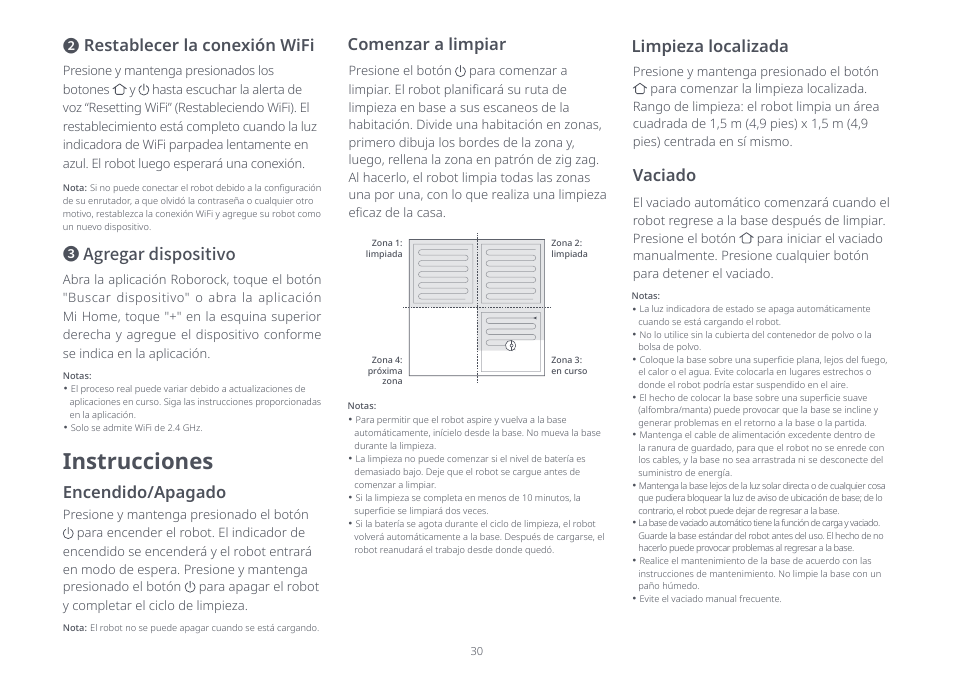 Instrucciones, Encendido/apagado, Comenzar a limpiar | Limpieza localizada vaciado, Restablecer la conexión wifi, Agregar dispositivo | Roborock Q5+ User Manual | Page 29 / 34