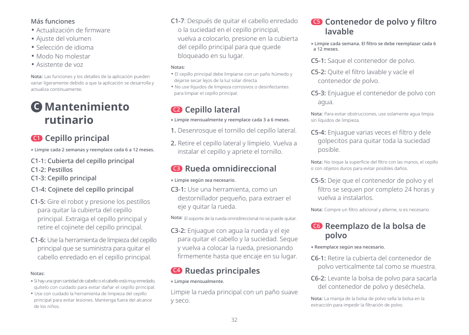 Mantenimiento rutinario, Reemplazo de la bolsa de polvo, Contenedor de polvo y filtro lavable | Ruedas principales, Cepillo principal, Cepillo lateral, Rueda omnidireccional | Roborock Q5+ User Manual | Page 31 / 34