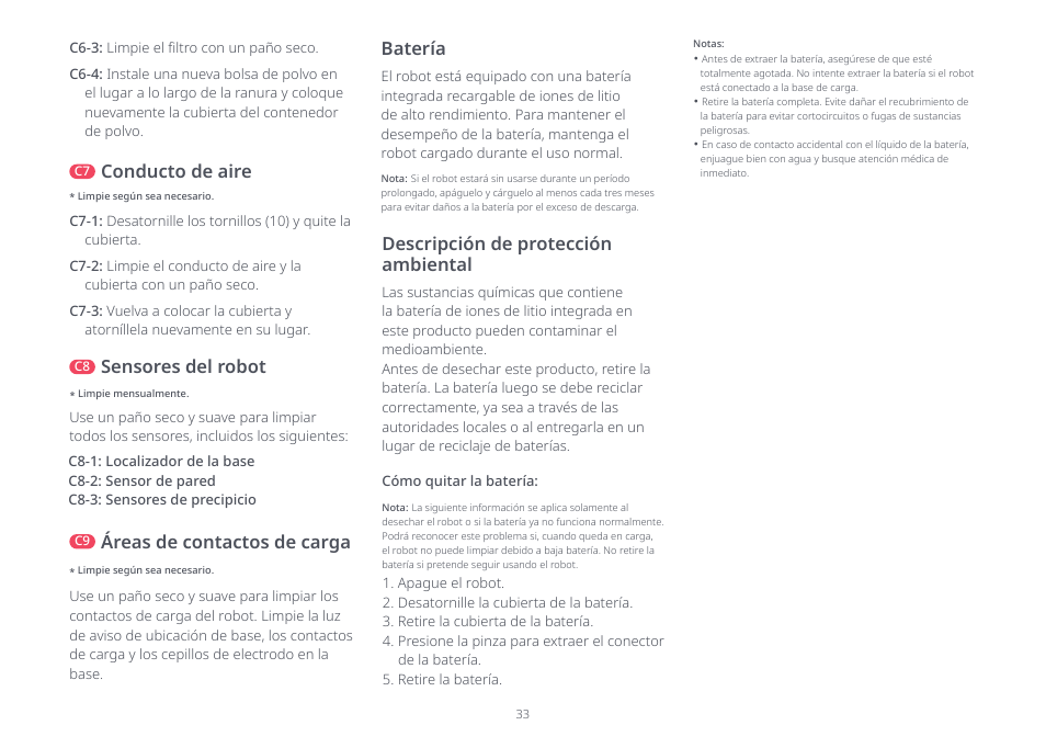 Conducto de aire, Sensores del robot, Áreas de contactos de carga | Batería, Descripción de protección ambiental | Roborock Q5+ User Manual | Page 32 / 34