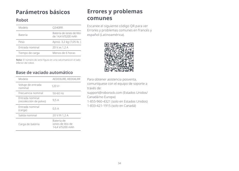 Errores y problemas comunes, Parámetros básicos, Robot | Base de vaciado automático | Roborock Q5+ User Manual | Page 33 / 34