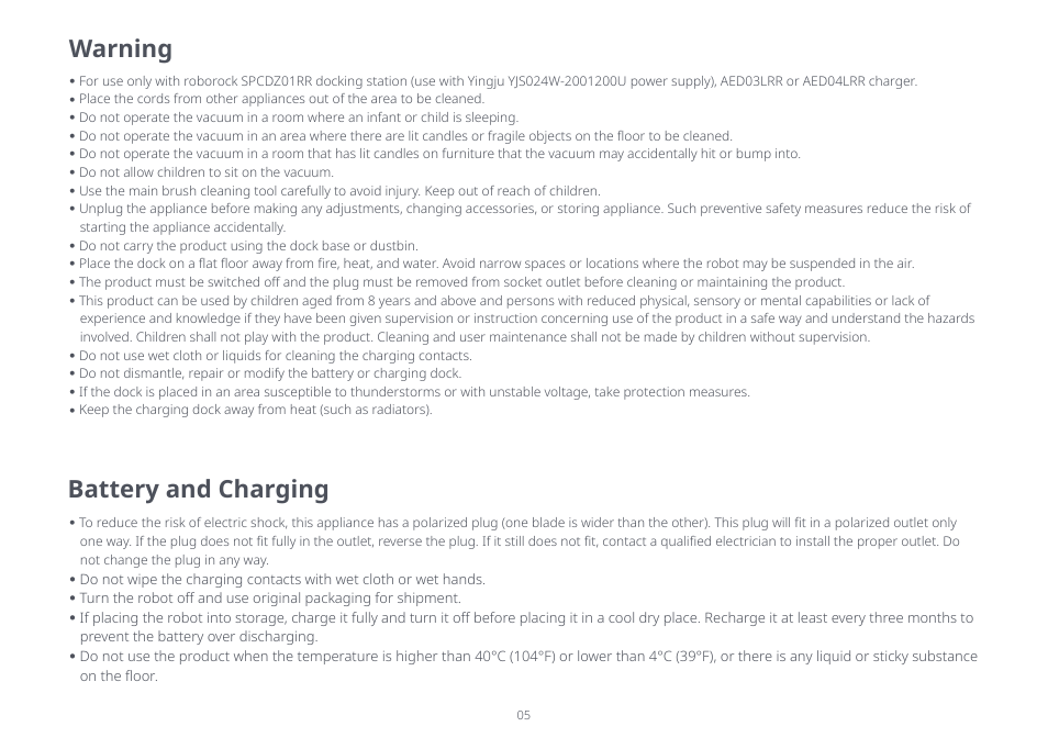 Warning, Battery and charging | Roborock Q5+ User Manual | Page 4 / 34