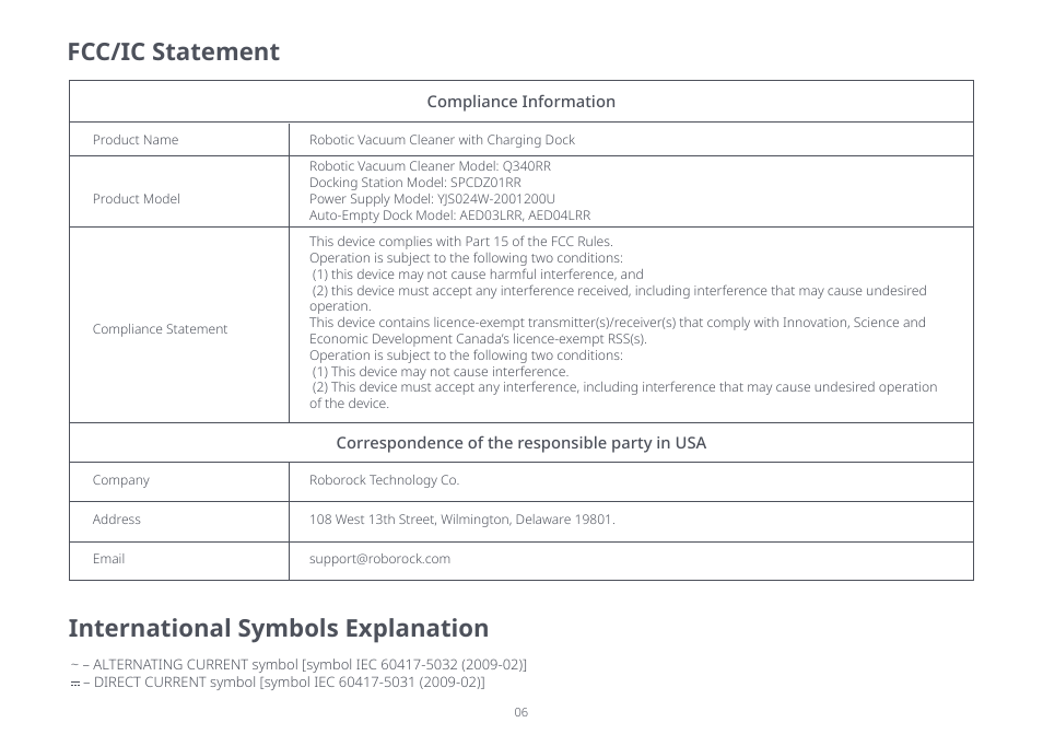 Fcc/ic statement, International symbols explanation | Roborock Q5+ User Manual | Page 5 / 34