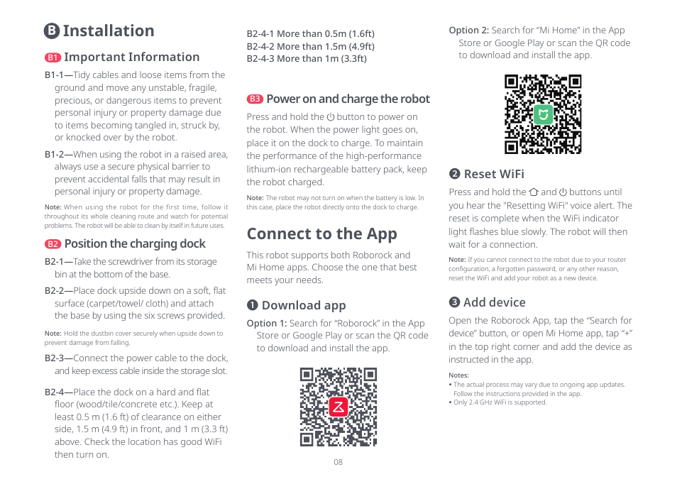 Connect to the app, Installation, Download app | Reset wifi, Important information, Position the charging dock, Power on and charge the robot, Add device | Roborock Q5+ User Manual | Page 7 / 34