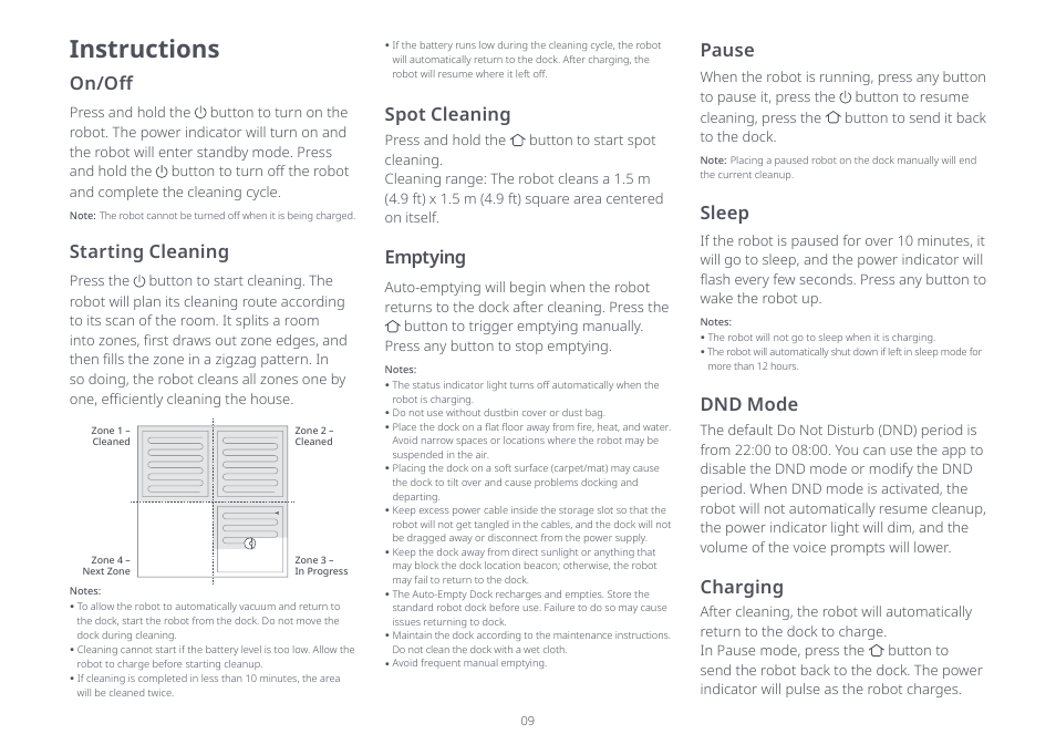 Instructions, On/off, Starting cleaning | Dnd mode, Charging, Spot cleaning, Pause, Sleep, Emptying | Roborock Q5+ User Manual | Page 8 / 34