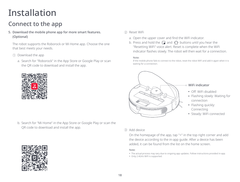 Installation, Connect to the app | Roborock S6 MaxV FCC User Manual | Page 20 / 39