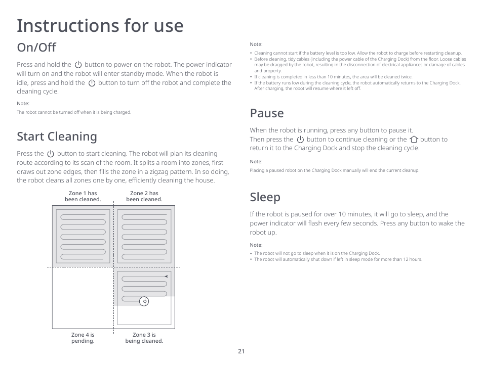 Instructions for use, Start cleaning, Sleep | Pause | Roborock S6 MaxV FCC User Manual | Page 23 / 39
