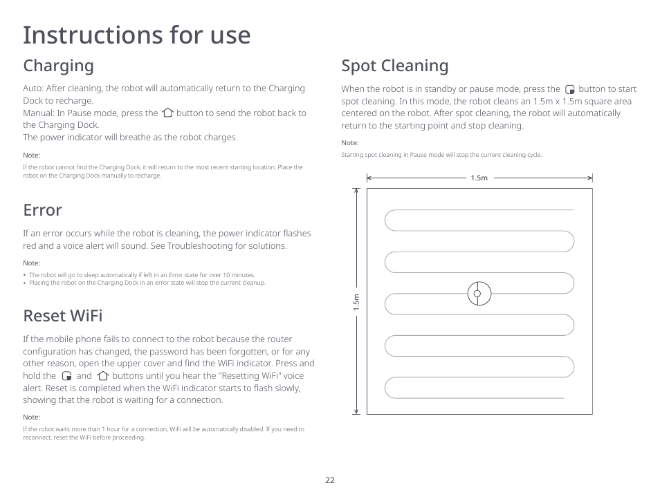 Instructions for use, Charging spot cleaning reset wifi error | Roborock S6 MaxV FCC User Manual | Page 24 / 39