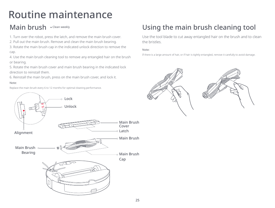 Routine maintenance, Using the main brush cleaning tool main brush | Roborock S6 MaxV FCC User Manual | Page 27 / 39