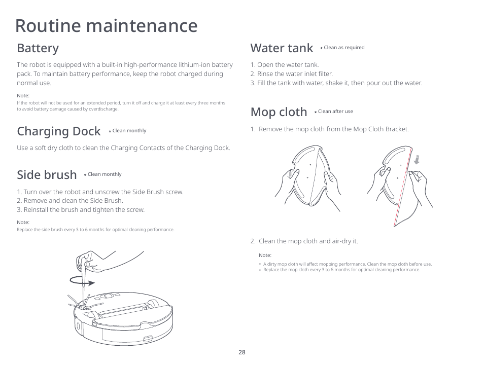 Routine maintenance, Water tank mop cloth, Charging dock | Battery, Side brush | Roborock S6 MaxV FCC User Manual | Page 30 / 39