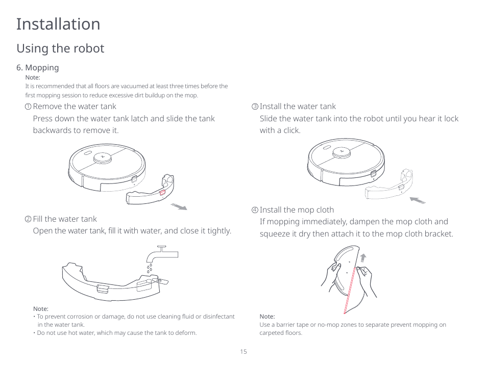 Installation, Using the robot | Roborock S5 Max CE User Manual | Page 17 / 39