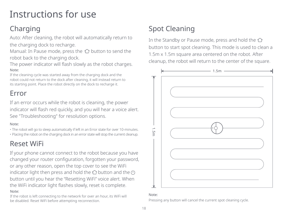 Instructions for use, Charging, Spot cleaning | Error, Reset wifi | Roborock S5 Max CE User Manual | Page 20 / 39