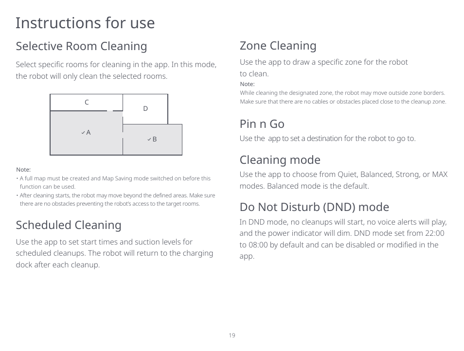 Instructions for use, Selective room cleaning, Cleaning mode | Pin n go, Do not disturb (dnd) mode, Scheduled cleaning, Zone cleaning | Roborock S5 Max CE User Manual | Page 21 / 39