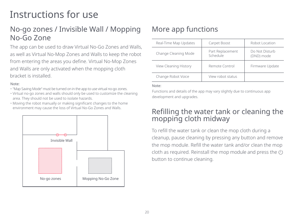 Instructions for use, More app functions, No-go zones / invisible wall / mopping no-go zone | Roborock S5 Max CE User Manual | Page 22 / 39