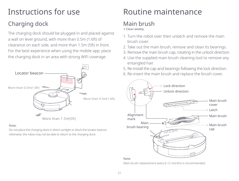 Instructions for use routine maintenance, Main brush, Charging dock | Roborock S5 Max CE User Manual | Page 23 / 39