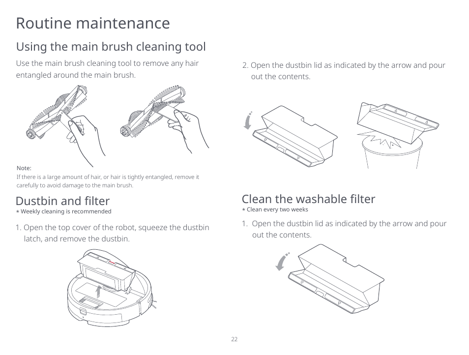 Routine maintenance, Using the main brush cleaning tool, Dustbin and filter | Clean the washable filter | Roborock S5 Max CE User Manual | Page 24 / 39