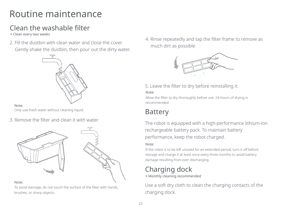 Routine maintenance, Clean the washable filter, Battery | Charging dock | Roborock S5 Max CE User Manual | Page 25 / 39