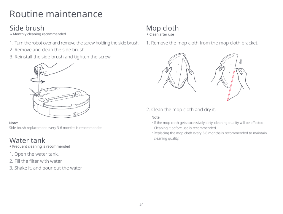 Routine maintenance, Side brush, Mop cloth | Water tank | Roborock S5 Max CE User Manual | Page 26 / 39