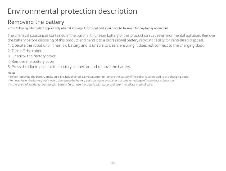 Environmental protection description, Removing the battery | Roborock S5 Max CE User Manual | Page 28 / 39
