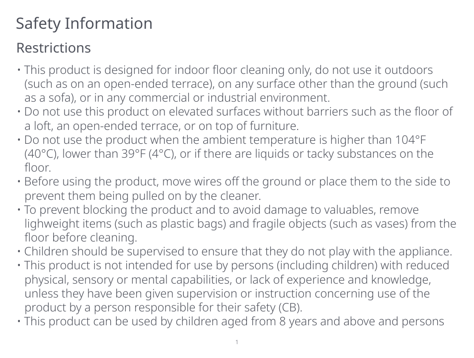 Safety information, Restrictions | Roborock S5 Max CE User Manual | Page 3 / 39