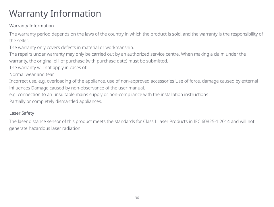 Warranty information | Roborock S5 Max CE User Manual | Page 38 / 39