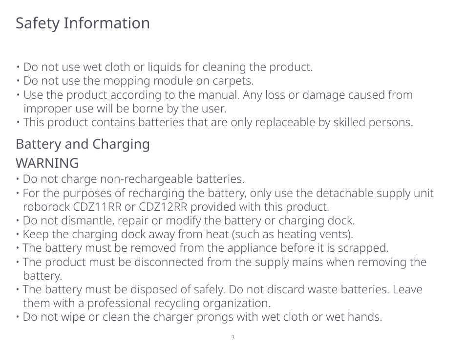 Safety information, Battery and charging warning | Roborock S5 Max CE User Manual | Page 5 / 39