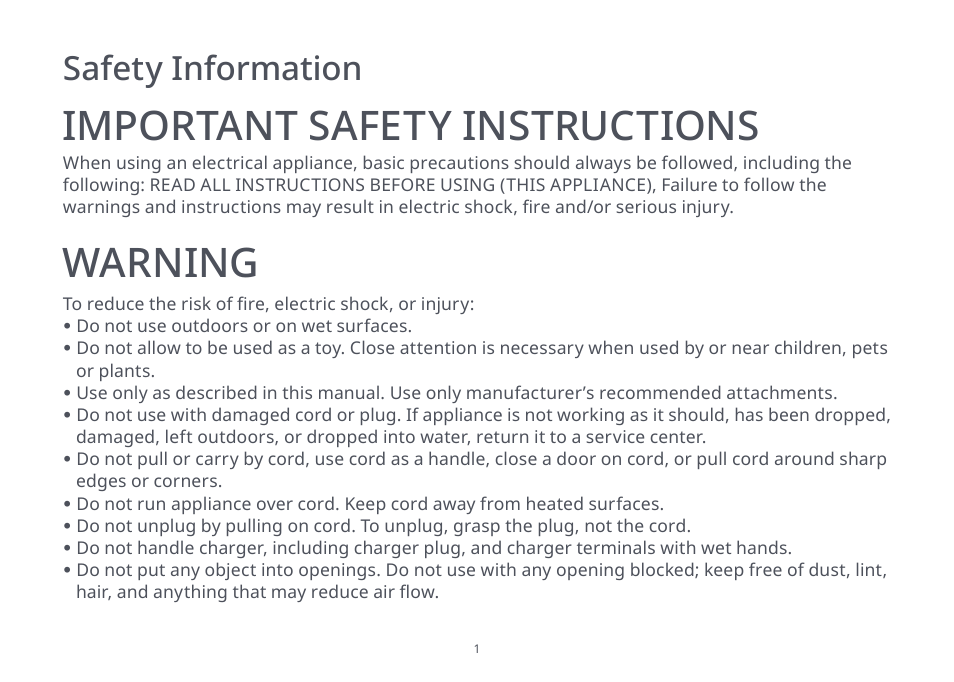 Important safety instructions, Warning, Safety information | Roborock S4 Max User Manual | Page 2 / 36