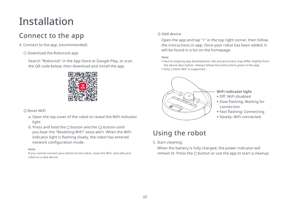 Installation, Connect to the app using the robot | Roborock S4 Max User Manual | Page 21 / 36