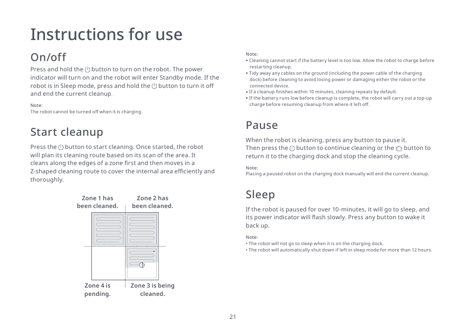 Instructions for use, On/off, Start cleanup | Pause, Sleep | Roborock S4 Max User Manual | Page 22 / 36