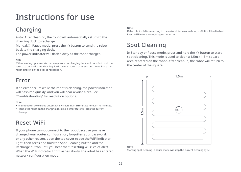 Instructions for use, Charging, Error | Reset wifi, Spot cleaning | Roborock S4 Max User Manual | Page 23 / 36