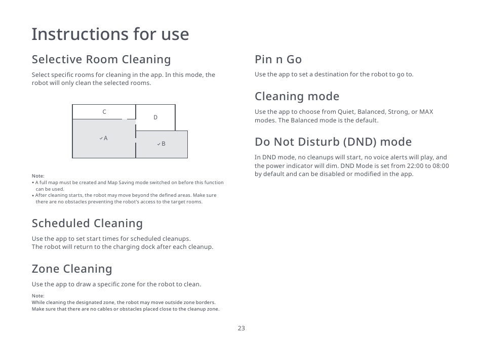 Instructions for use, Selective room cleaning, Scheduled cleaning | Zone cleaning, Pin n go, Cleaning mode, Do not disturb (dnd) mode | Roborock S4 Max User Manual | Page 24 / 36