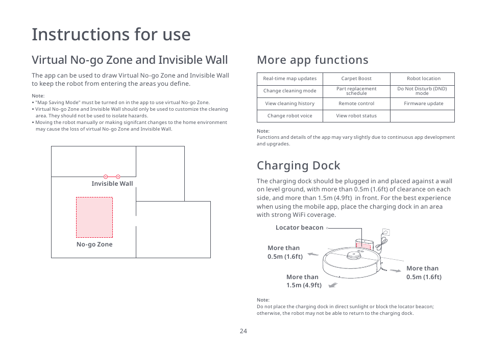 Instructions for use, Virtual no-go zone and invisible wall, More app functions | Charging dock | Roborock S4 Max User Manual | Page 25 / 36