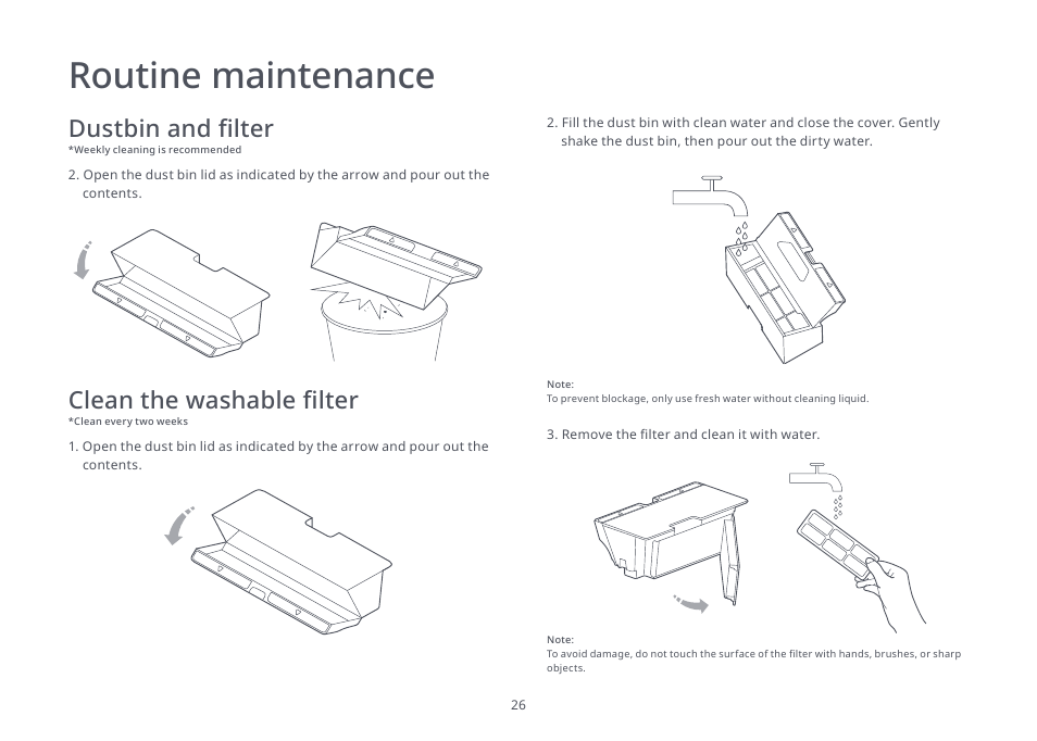 Routine maintenance, Dustbin and filter, Clean the washable filter | Roborock S4 Max User Manual | Page 27 / 36