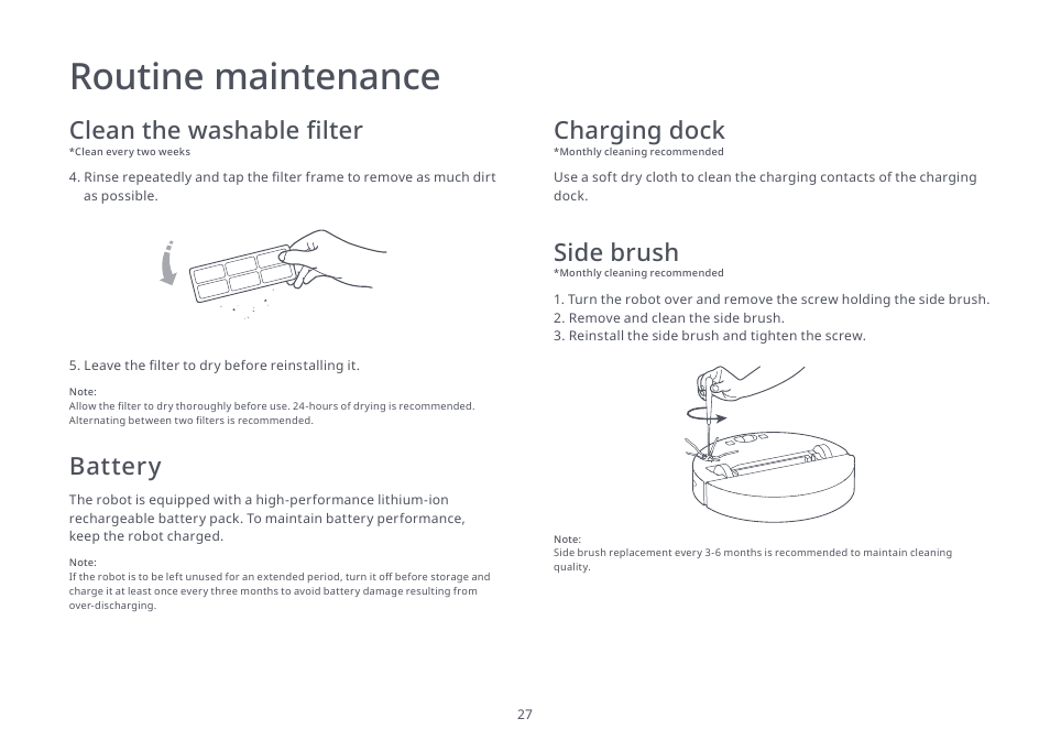 Routine maintenance, Clean the washable filter, Charging dock | Side brush, Battery | Roborock S4 Max User Manual | Page 28 / 36