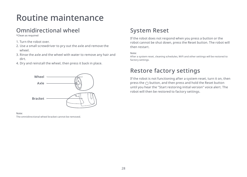 Routine maintenance, Omnidirectional wheel, Restore factory settings | System reset | Roborock S4 Max User Manual | Page 29 / 36