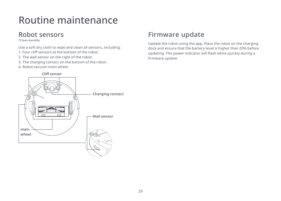 Routine maintenance, Robot sensors, Firmware update | Roborock S4 Max User Manual | Page 30 / 36