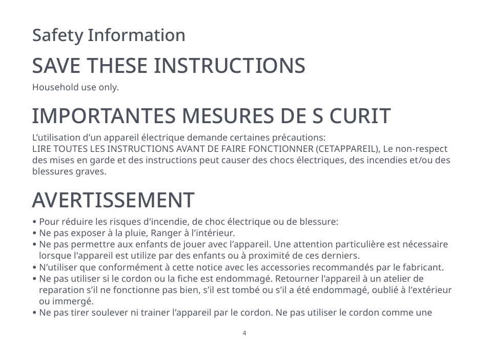 Save these instructions, Importantes mesures de s curit, Avertissement | Safety information | Roborock S4 Max User Manual | Page 5 / 36