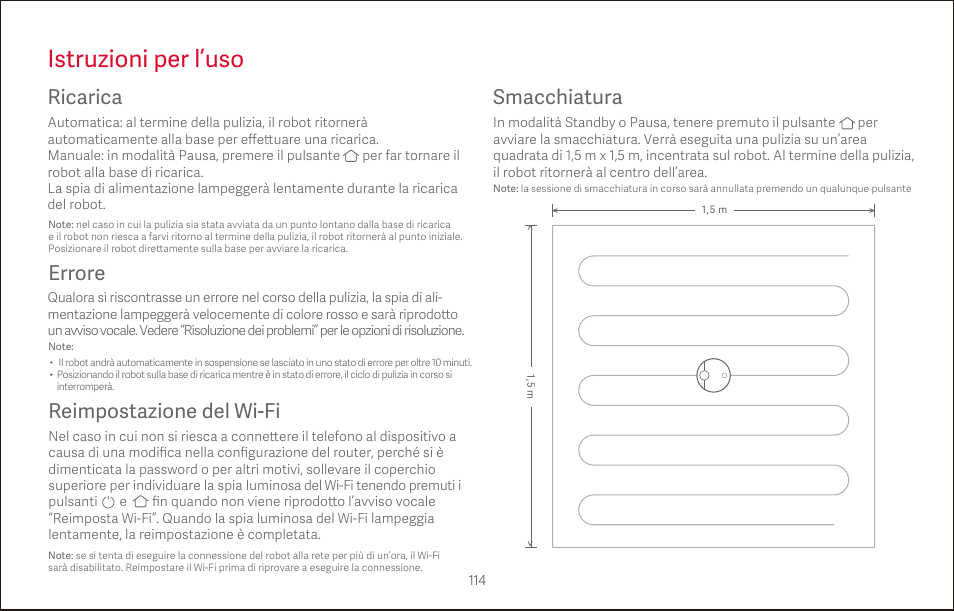 Istruzioni per l’uso, Errore ricarica, Reimpostazione del wi-fi | Smacchiatura | Roborock S4 CE User Manual | Page 117 / 168
