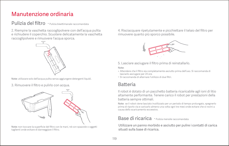 Manutenzione ordinaria, Ba tt eria, Base di ricarica | Pulizia del filtro | Roborock S4 CE User Manual | Page 122 / 168