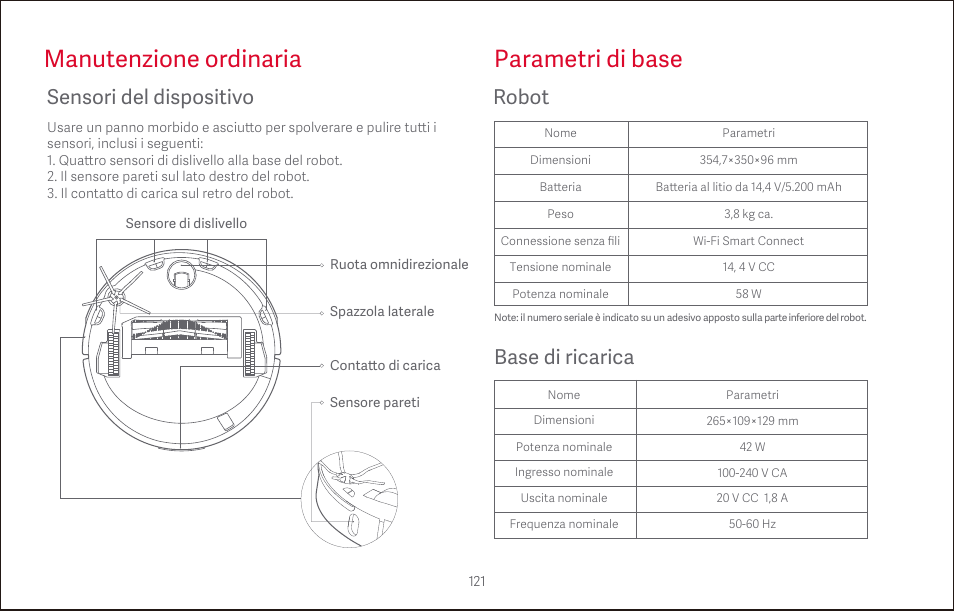 Manutenzione ordinaria parametri di base, Sensori del dispositivo, Robot | Base di ricarica | Roborock S4 CE User Manual | Page 124 / 168