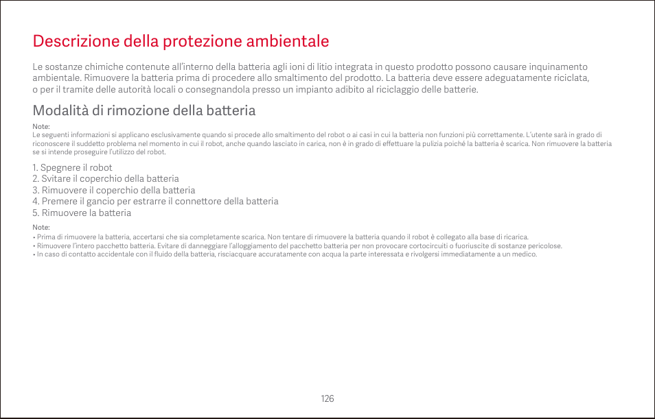 Descrizione della protezione ambientale, Modalità di rimozione della ba tt eria | Roborock S4 CE User Manual | Page 129 / 168