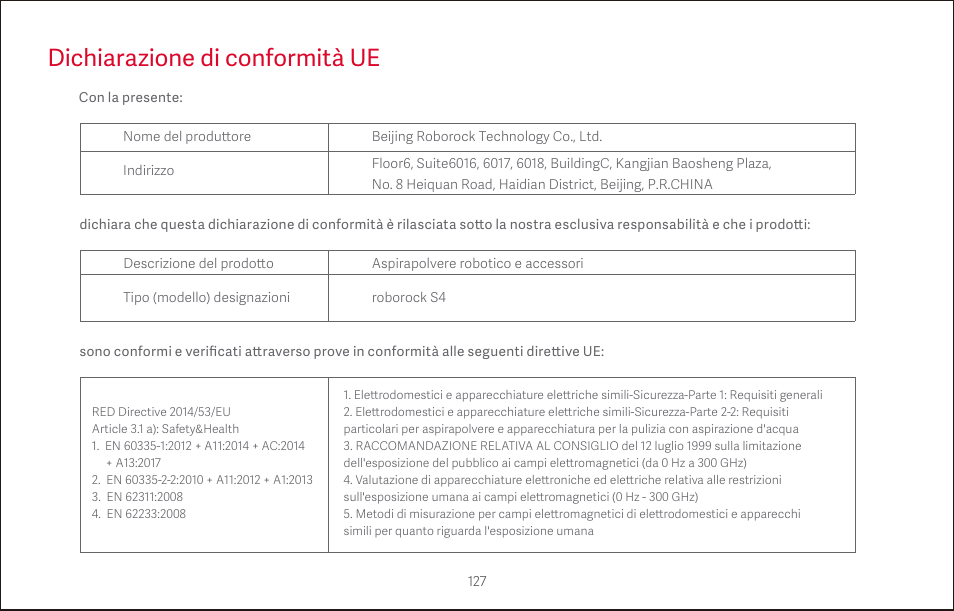 Dichiarazione di conformità ue | Roborock S4 CE User Manual | Page 130 / 168