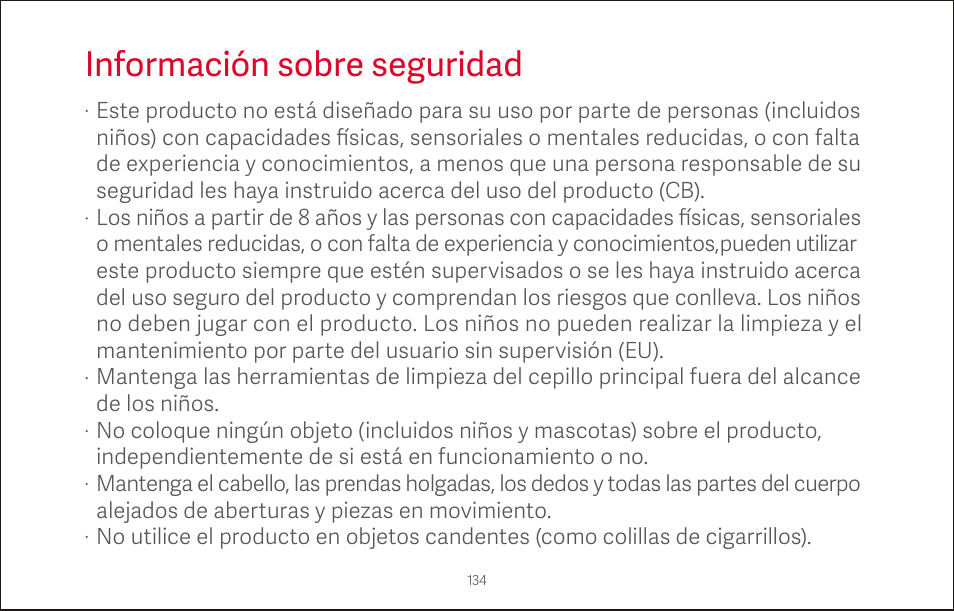 Información sobre seguridad | Roborock S4 CE User Manual | Page 137 / 168