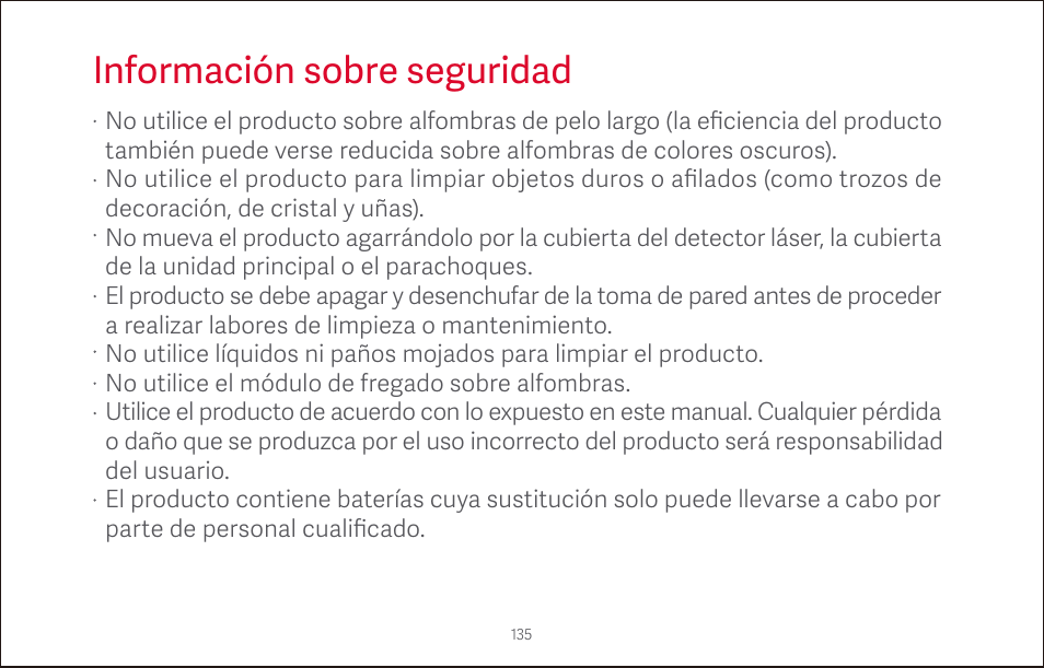 Información sobre seguridad | Roborock S4 CE User Manual | Page 138 / 168