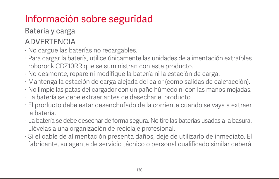 Información sobre seguridad, Batería y carga advertencia | Roborock S4 CE User Manual | Page 139 / 168