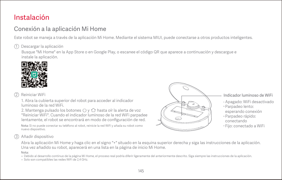 Instalación, Conexión a la aplicación mi home | Roborock S4 CE User Manual | Page 148 / 168