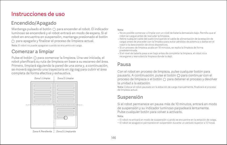 Instrucciones de uso, Encendido/apagado, Comenzar a limpiar | Pausa, Suspensión | Roborock S4 CE User Manual | Page 149 / 168