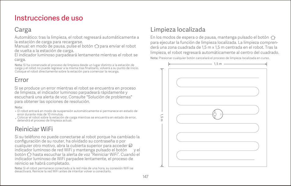 Instrucciones de uso, Error carga, Reiniciar wifi | Limpieza localizada | Roborock S4 CE User Manual | Page 150 / 168