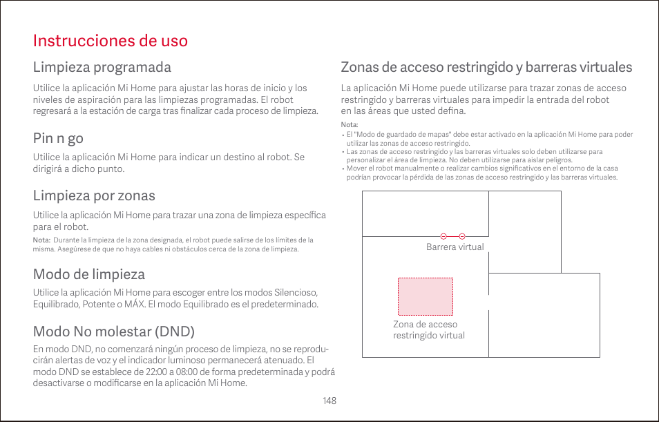 Instrucciones de uso, Limpieza programada, Pin n go modo no molestar (dnd) | Limpieza por zonas | Roborock S4 CE User Manual | Page 151 / 168