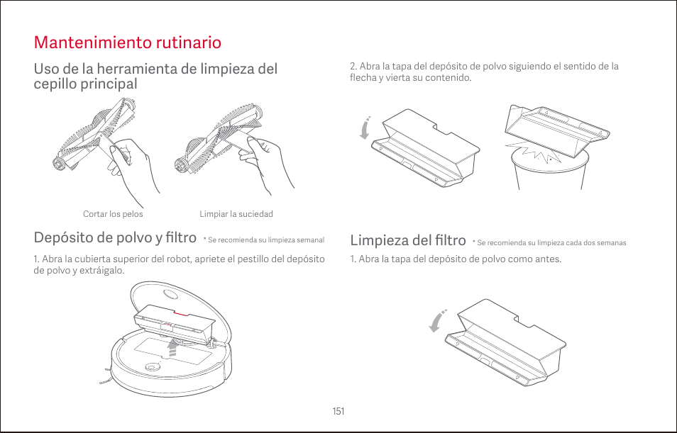 Mantenimiento rutinario, Limpieza del filtro, Depósito de polvo y filtro | Roborock S4 CE User Manual | Page 154 / 168