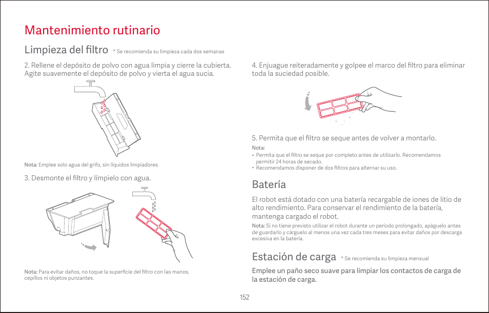 Mantenimiento rutinario, Batería, Estación de carga | Limpieza del filtro | Roborock S4 CE User Manual | Page 155 / 168